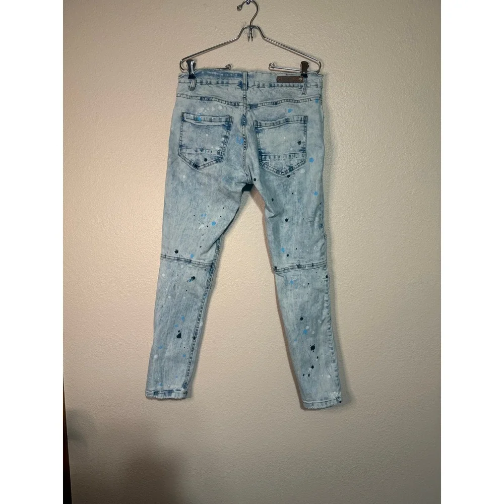 Evolution In Design Mens Moto Jeans 32x30 Acid Wash Paint Splatter Slim Fit Blue